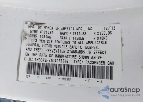 2013 Honda Accord Ex-L z USA, uszkodzony, nr VIN 1HGCR2F81DA076548